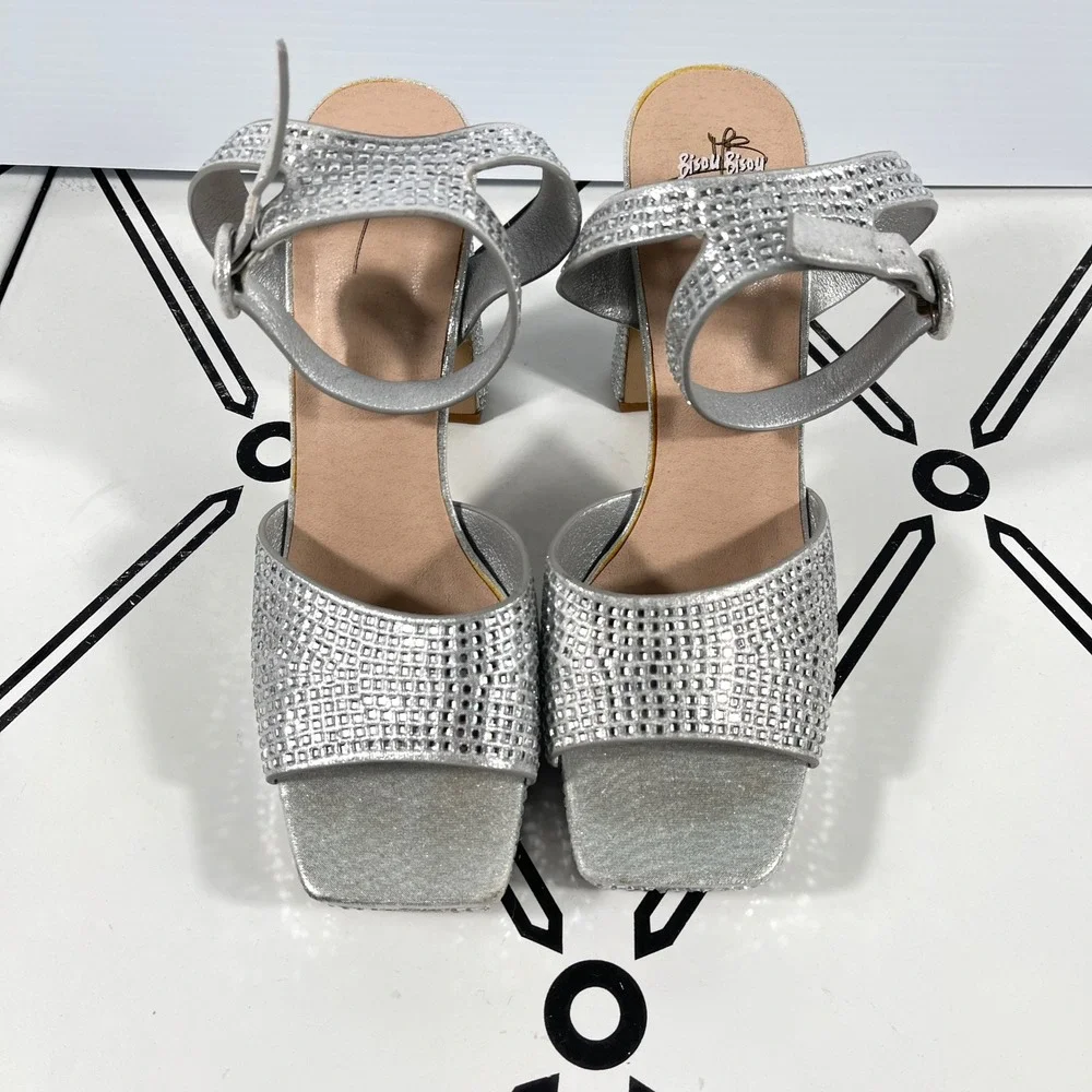 Bisou Bisou Michele Bohbot Silver‎ Rhinestone Platform Sandals Square Toe Sz 10